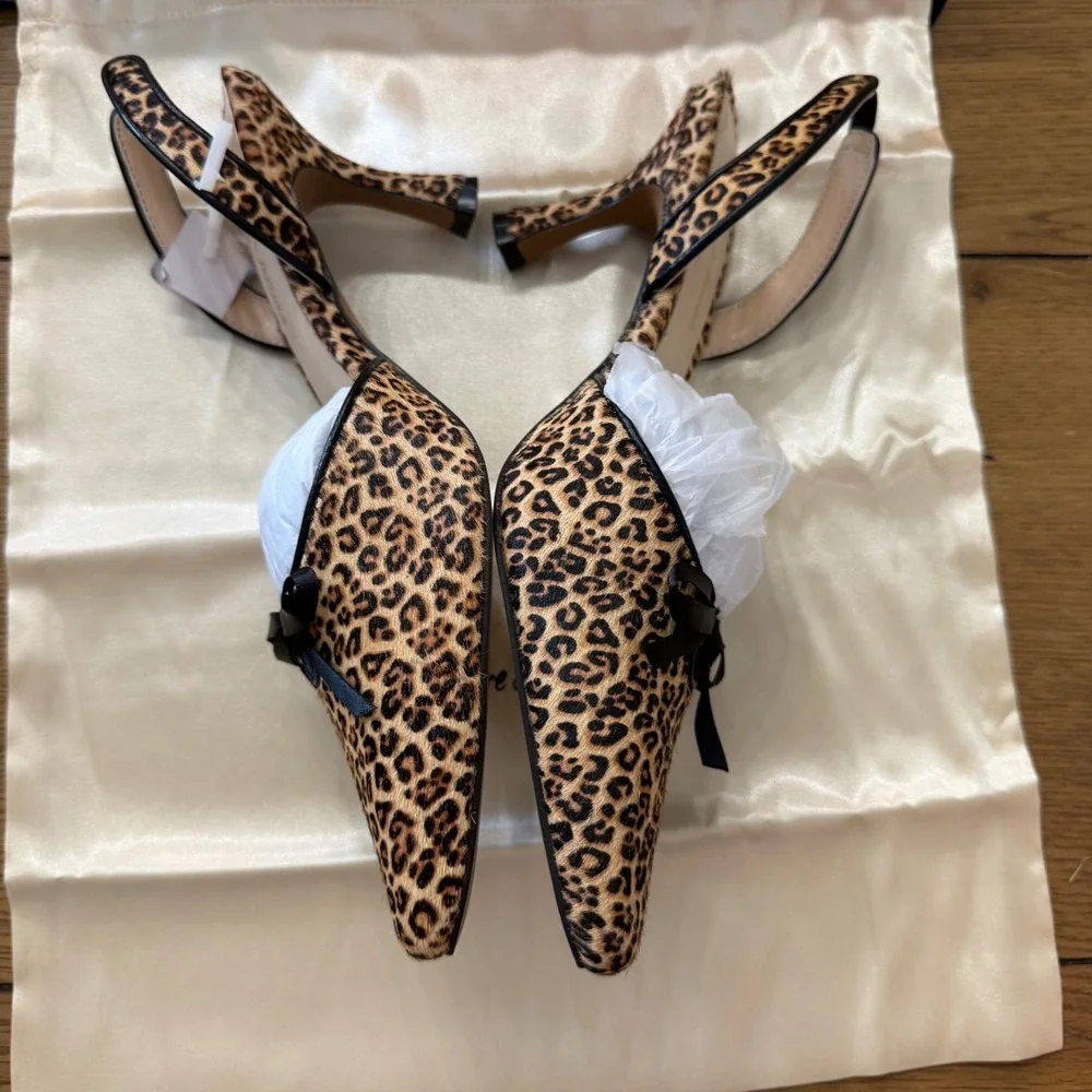 For Love & Lemons Lyana Leopard Print Slingback Kitten Heels Bow Pointed Toe 37